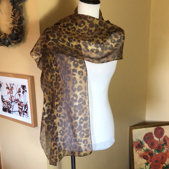 VINTAGE Cheeta Print Scarf Made in Italy Animal Print + Gold Stripe 62’x14.5” - Picture 2 of 16